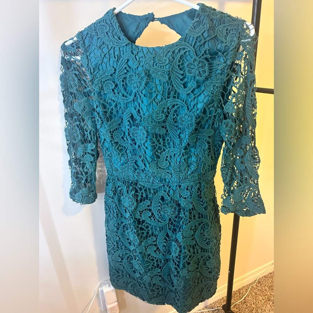 ASOS Petite VINTAGE Teal Lace Long Sleeve Dress, elegant, size 4